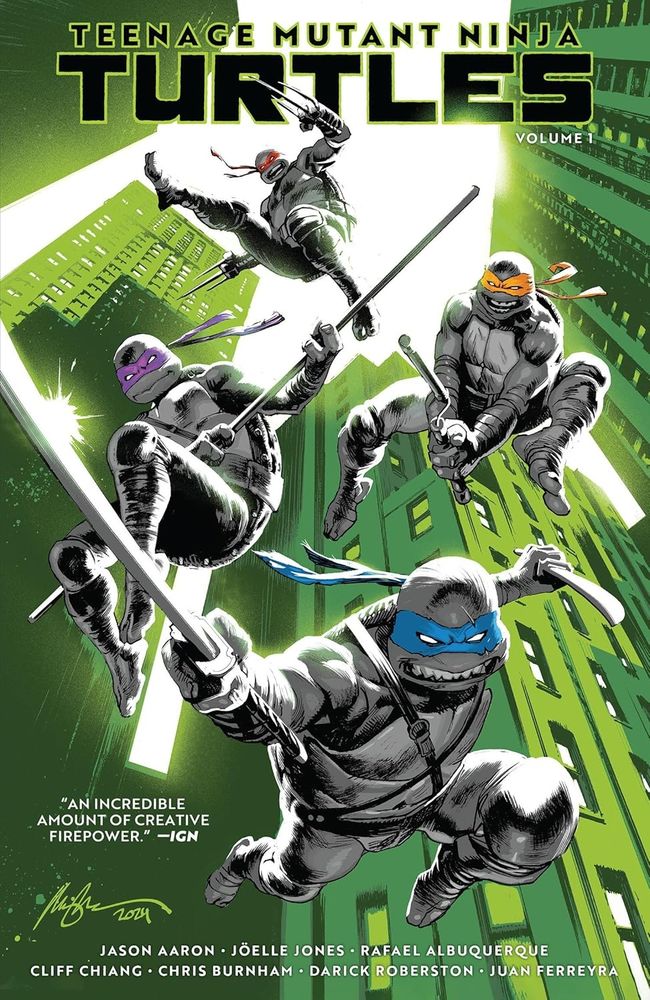Cover of the trade paperback TEENAGE MUTANT NINJA TURTLES Vol. 1: RETUN TO NEW YORK, depicting the turtles leaping into action before a NYC skyline. 
