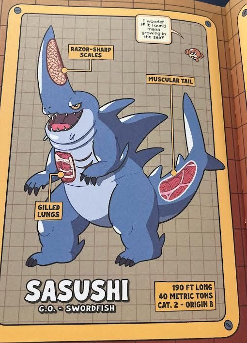 A profile of the monster Sasushi, from the back of cartoonist Hamish Steel's graphic novel "Go-Man" Vol. 1.