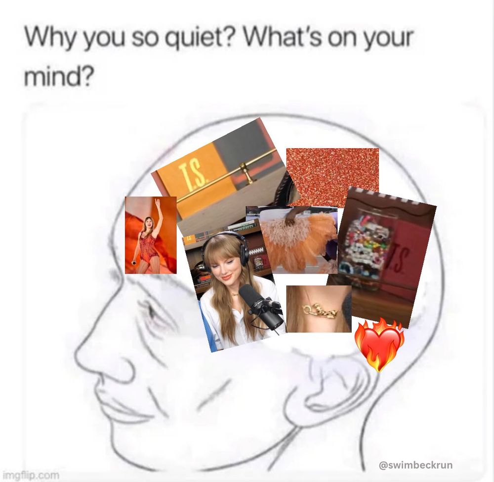 Meme: inside a persons head and its full of Taylor ts12 related photos such as Taylor in orange outfits and pic of her on new heights podcast 
Text above pic reads “why so quiet? What’s on your mind??”