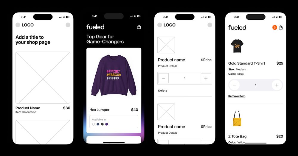Mobile shop UX in four screens: blank shop setup, a purple “Hex Jumper” product card with swatches, a quantity-selector product page, and a cart listing a T-shirt and tote with details.