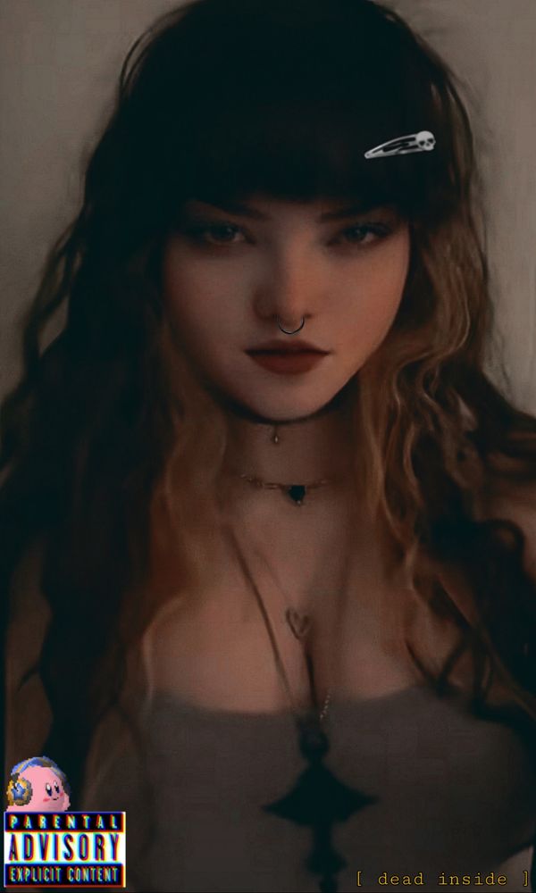 A stylized, low-light portrait of foolish olivia with dark, long hair and bangs. They are looking directly at the camera with a serious expression. They have a septum piercing, dark lipstick, and are wearing a choker and multiple layered necklaces. A barrette with a small skull on it is in their hair. In the bottom left corner is a "PARENTAL ADVISORY EXPLICIT CONTENT" logo with Kirby from the Kirby video games floating above it. In the bottom right corner, text reads "[ dead inside ]". The image has a slightly dark and edgy aesthetic.