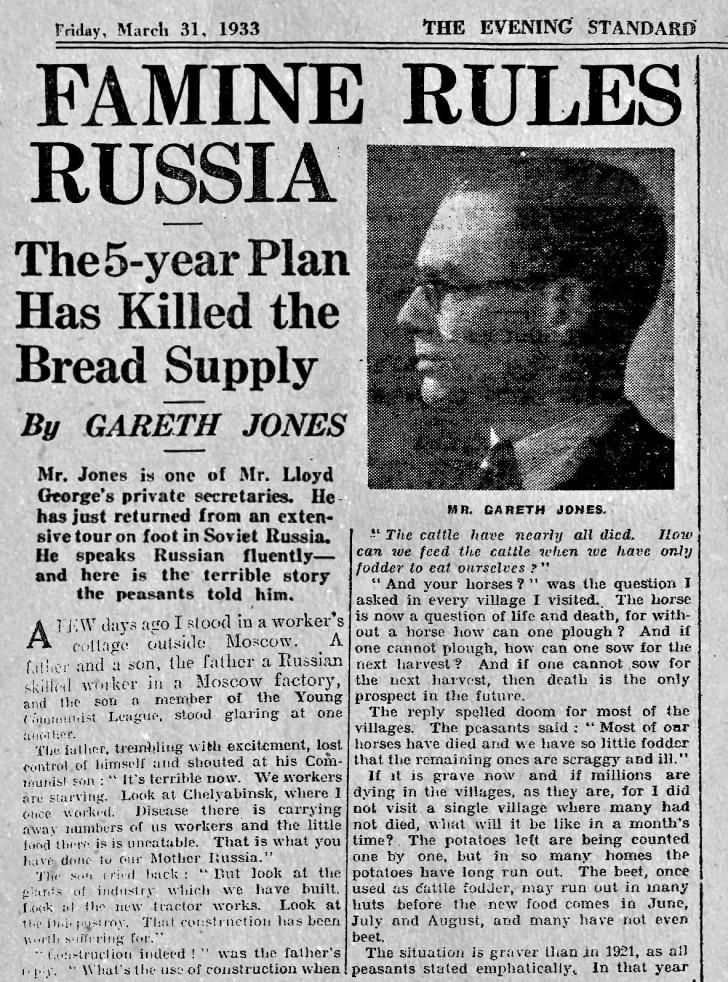 Un des articles de Gareth Jones avec son portrait, The Evening Standard, 31 mars 1933 : "Famine en Russie. Le plan quinquennal a détruit l'approvisionnement en pain"