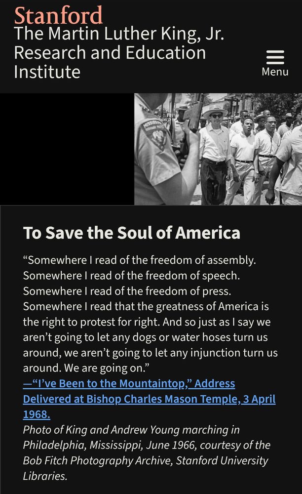 we aren’t going to let any injunction turn us around. We are going on.”
—“I’ve Been to the Mountaintop,” Address Delivered at Bishop Charles Mason Temple, 3 April 1968.

This quote is a screenshot from Stanford's MLK Research and Education Institute. 