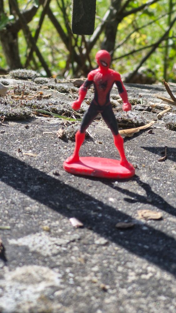 Une figurine de Spiderman sur une pierre, dans la nature (parc des deux rivières à Yerres).
