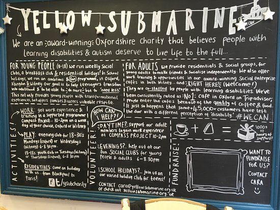 board full of text explaining all the amazing things Oxfordshire charity Yellow Submarine does to support young people and adults with learning disabilities and autism to lead full lives