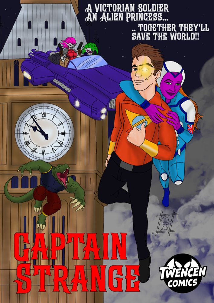Captain Strange. A Victorian man in modern day London flying high above Big Ben with his alien wife Princess Xia. In the background is the monstrous Man-O-Saur and twin space pirates in a flying car
