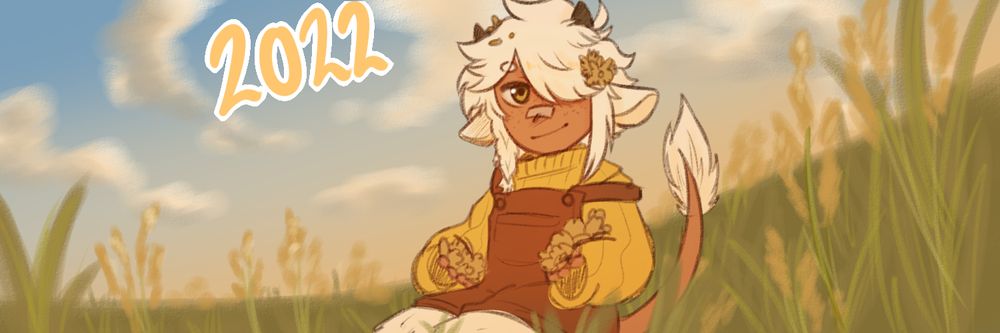 A banner representing Team Bloom for Art Fight 2022, featuring my oc Cotton, sitting in a grass field and holding flowers, one of which is in his hair. He's smiling at the camera, a soft orange glow throughout the piece.