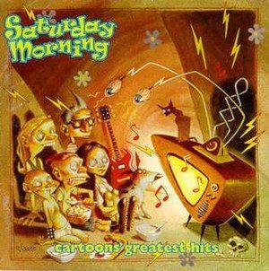 Album cover for the Saturday Morning: Cartoons' Greatest Hits tribute album of rock/pop covers of classic Saturday morning cartoon theme songs featuring an fantastical illustration of wide-eyed children watching a '60s style TV set. 