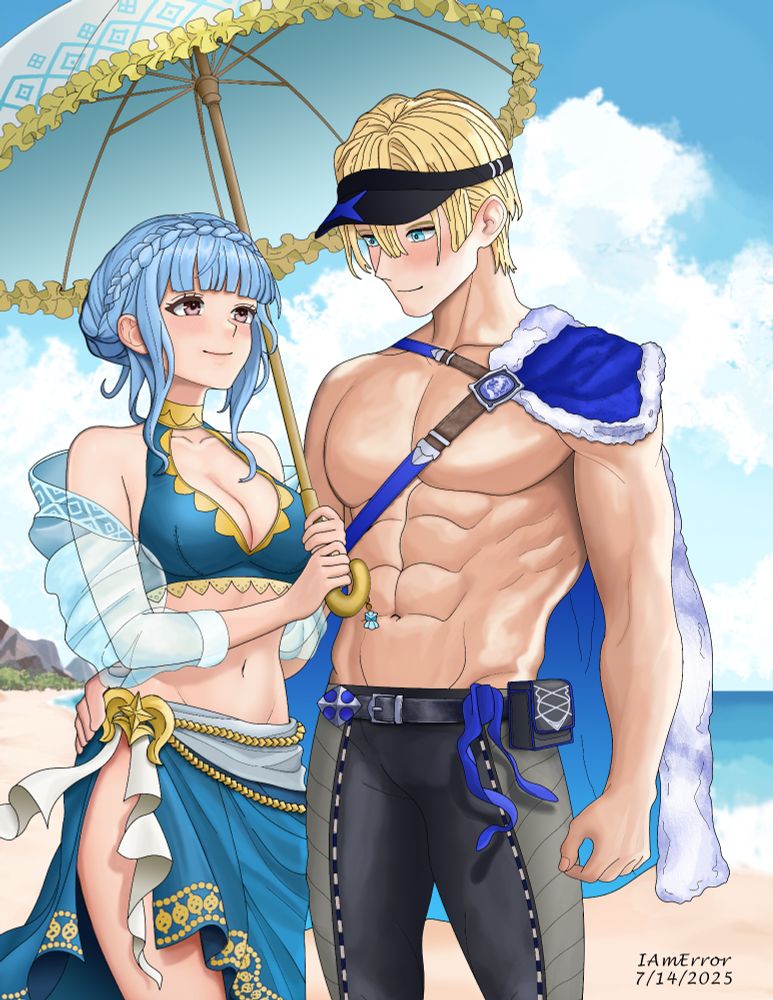 An artwork of Marianne von Edmund and Dimitri Alexandre Blaiddyd enjoying their time together at the beach. They are wearing swimsuits from the Fire Emblem Heroes mobile game.