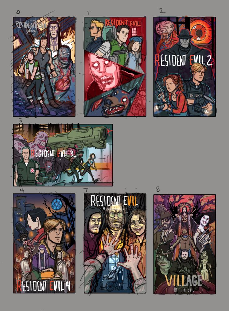 Full color thumbnail sketches for Resident Evil Zero, Reaident Evil, Resident Evil 2 Remake, Resident Evil 3 Remake, Resident Evil 4 Remake, Resident Evil Biohazard, and Resident Evil Village. 