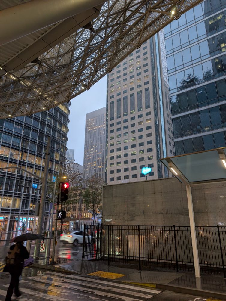 Rainy day in San Francisco, CA. Looking up at the skyline from the Transbay Terminal.