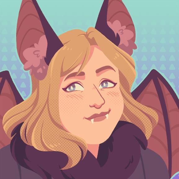 Cartoon-style portrait of a white woman with blonde hair and blue eyes, also with bat ears and wings.