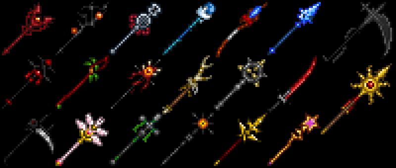 Left to right:
Top row: Dragon Wings, Obsidian Staff, Wrecking Rod, Nimbus Rod, Crystal Staff, Arctic Wind, Soul Crusher
Middle row: Dark Tooth, Nirvana, Beholding Eye, Elder's Wisdom, Tribolt, Heart Eater, Sol Spear
Bottom row: Death Scythe, Slime Staff, Celtic Cross, Sentinel, Thunder Spear, Shooting Star