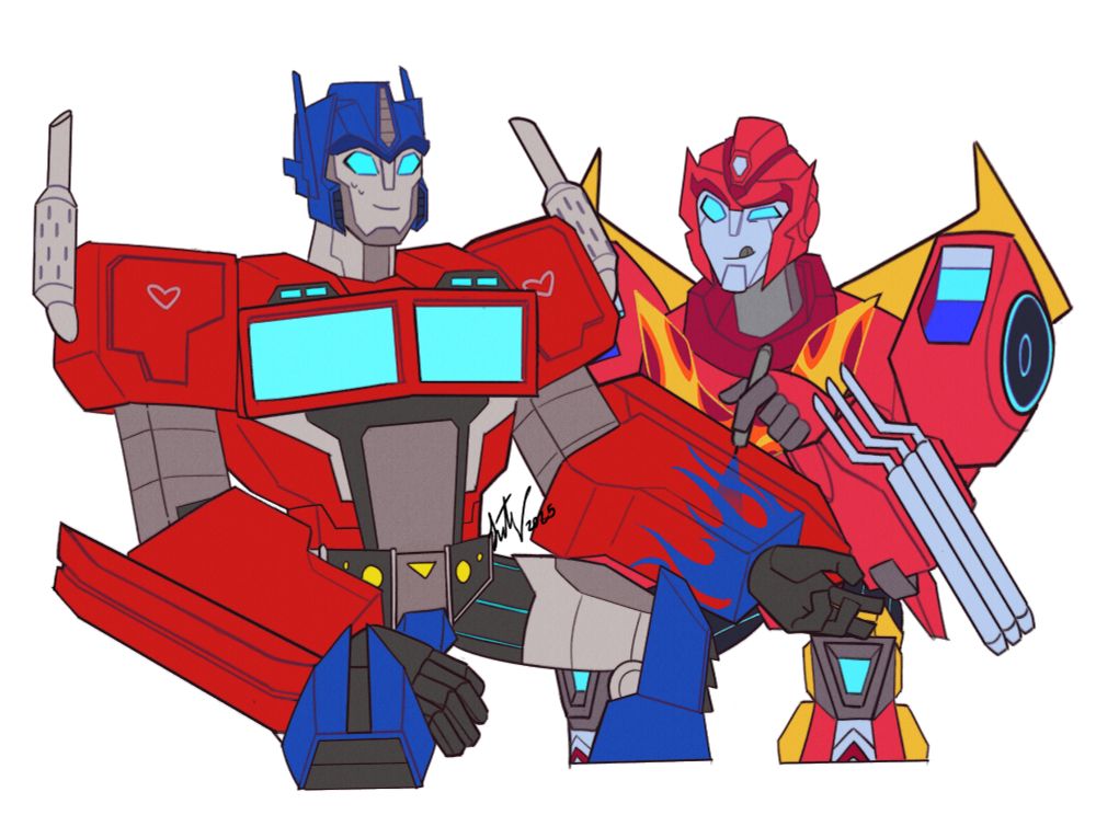 The art features Hot Rod and Optimus from Transformers Cyberverse. Hot Rod is painting tattoos in the shape of flames on Optimus's arm while sticking his tongue out in concentration.