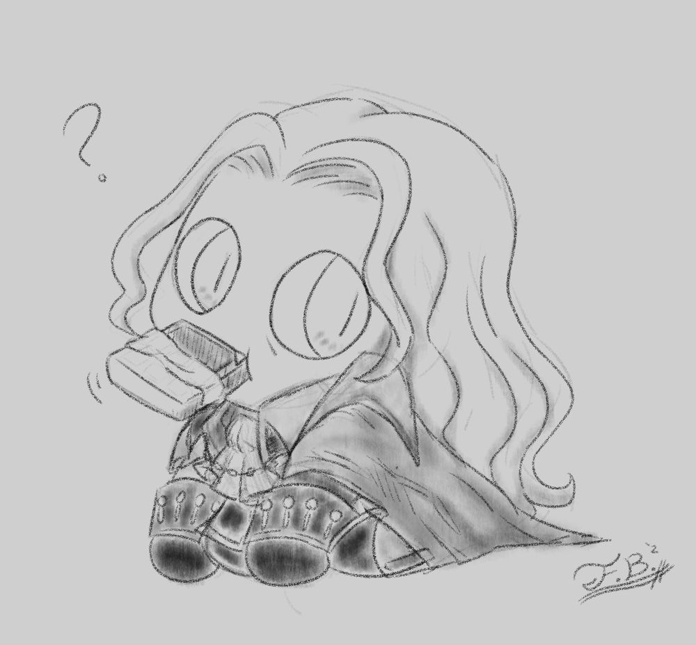 Digital sketch of Alucard from Castlevania: Symphony of the Night. He is drawn in chibi form and gnawing on a chocolate bar, curiously looking at something offscreen.
