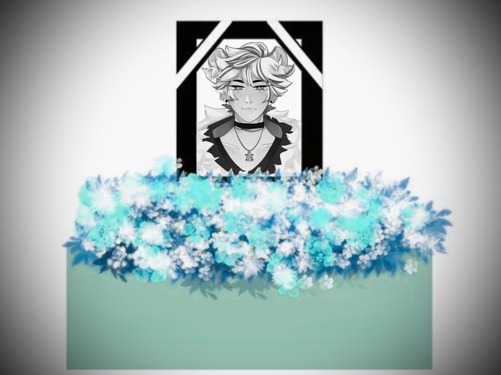 Memorial altar png with a black and white photo of ByakkoBruh in a black frame with white ribbon. White and teal colored flowers are on a green/blue altar below the frame. 