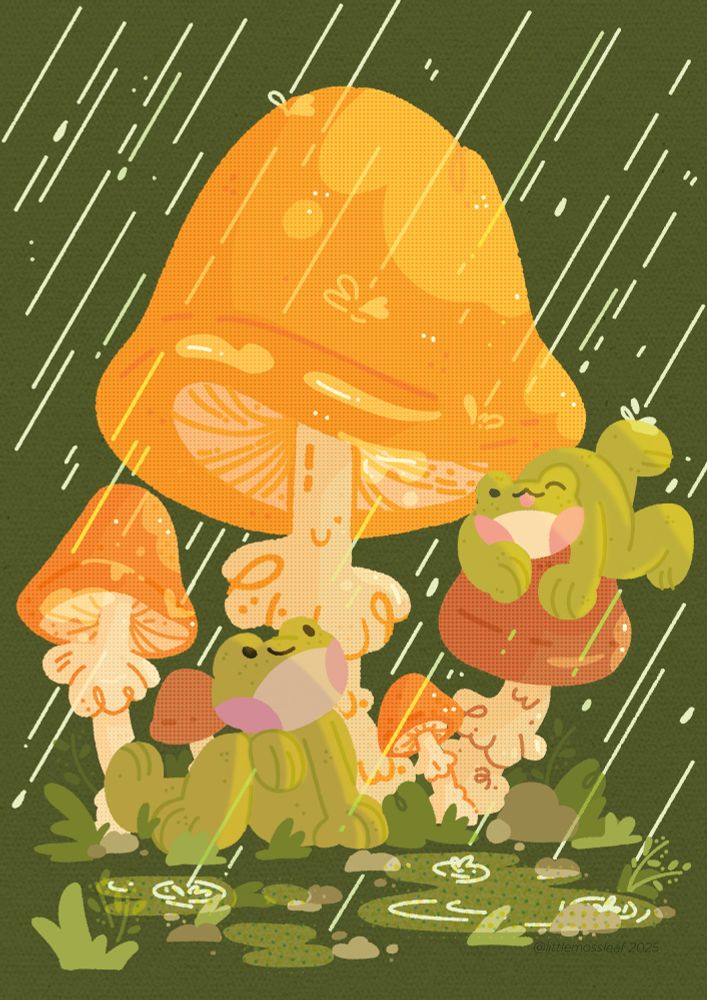 a green background with a big yellow mushroom with smaller ones nearby, the big mushroom is being used as an umbrella for two happy small green frogs shielding them from the rain