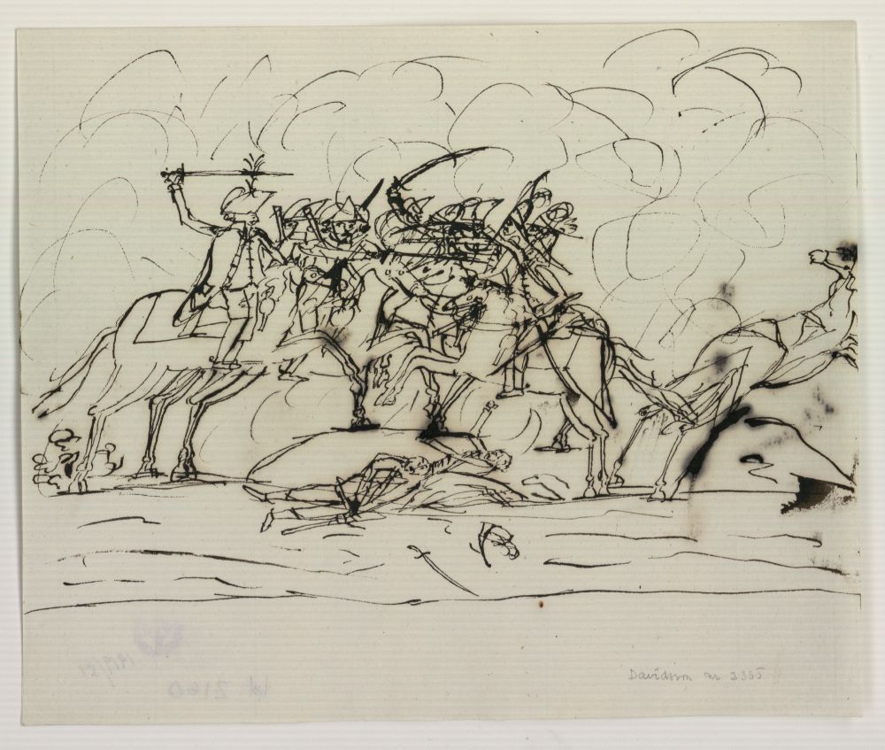 A somewhat wobbly sketch of a battlefield. One of the horses has fallen, and is being trampled by the oncoming cavalry 