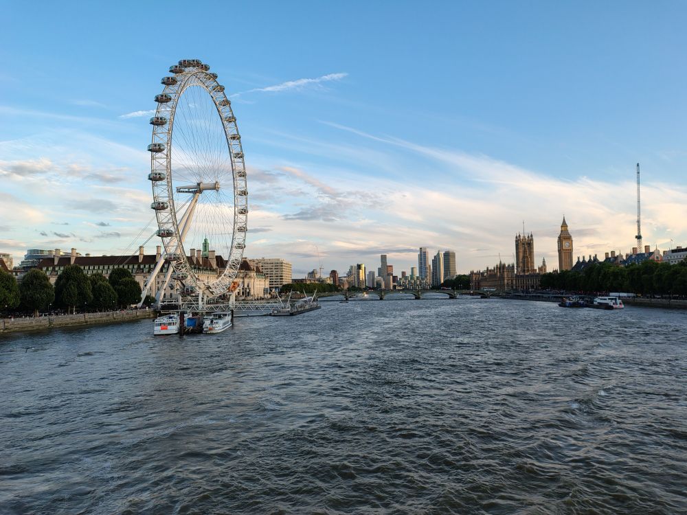 View from the Golden Jubilee Bridges towards the London Eye, with Westminster and Big Ben in the background