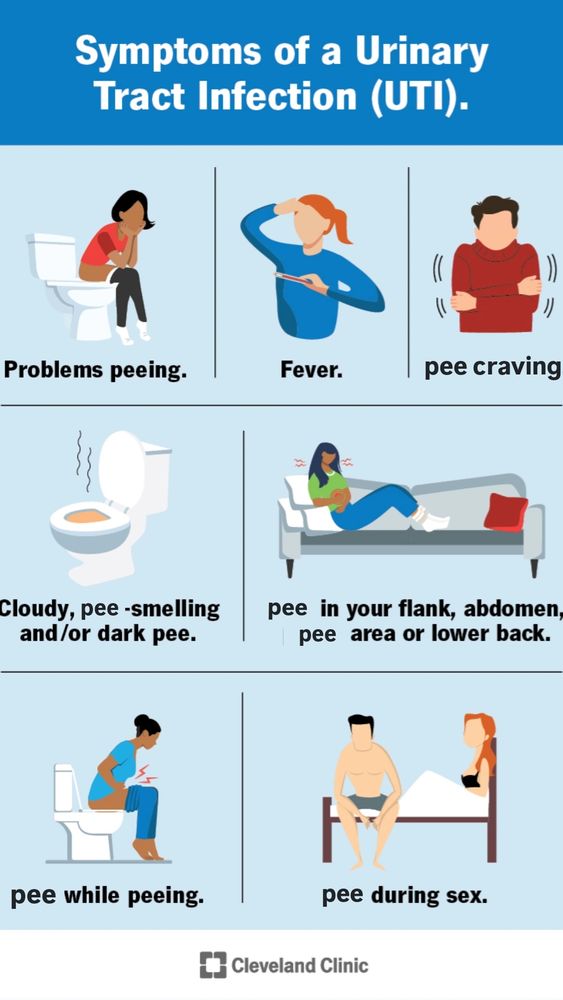 Cleveland Clinic poster of symptoms of a UTI.
Listed symptoms are problems peeing; fever; pee craving; cloudy pee-smelling and/or dark pee; pee on your flank, abdomen, pee area or lower back; pee while peeing; pee during sex