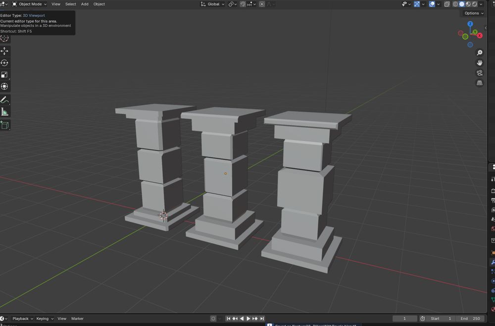 Screen shot of Blender showing pillars with bevels 