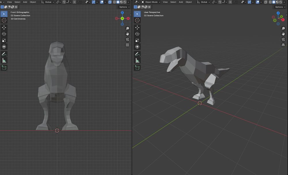 Screenshot of a low poly dinosaur created in Blender