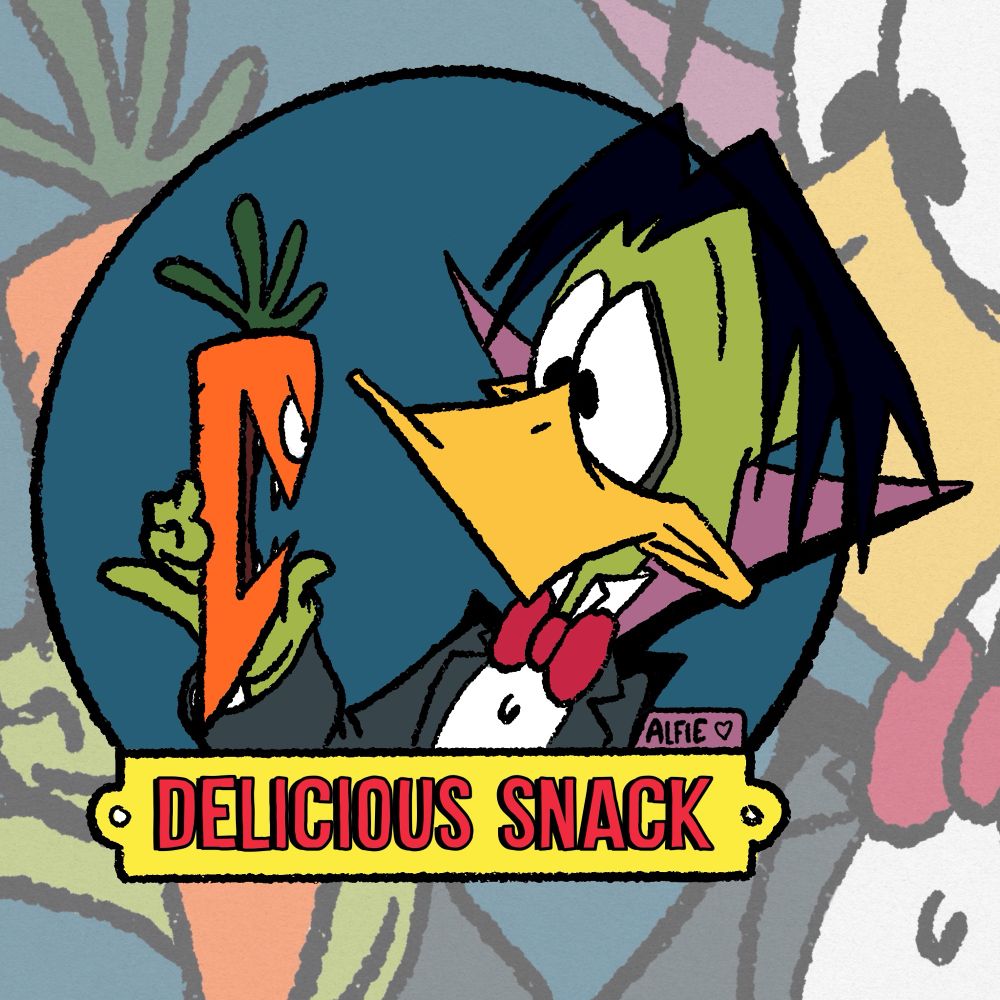 Cartoon of a duck with a yellow beak, black hair dressed as a vampire with a cape and red bow tie holding a vampire carrot. Test says “delicious snack”.