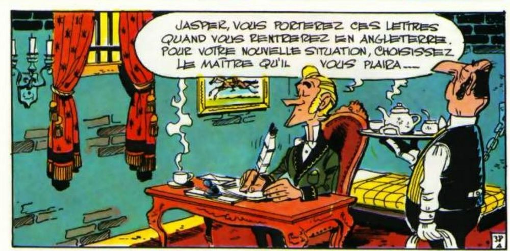 Vignette de l'album de Lucky luke, le pied tendre. Waldo en prison se fait servir le thé par son majordome. 
