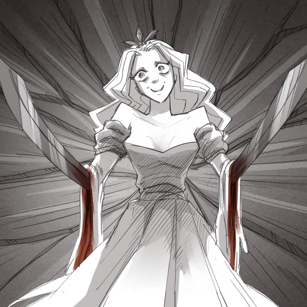 An image from Slay The Princess. The same Princess from the first picture, except her forearms have been peeled away to reveal long and very sharp looking blades.