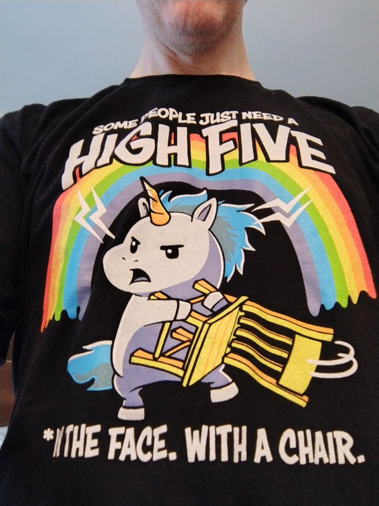 Close up of a man wearing a black t-shirt. The shirt has an image of a cute but angry unicorn wielding a chair, with the text "some people just need a high five. In the face. With a chair.*