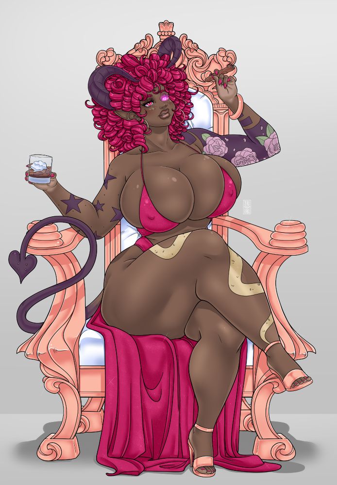Painting of Kimaris, a dark-skinned succubus sitting on a throne cross-legged while holding a whisky and cigar. She has curled purple horns on her head poking out of a deep read curly bob. She has purple stars and purple and pink flowers tattooed on her right and left arms respectively, and a snake tattoo on her right leg. She is wearing a red evening gown, low cut, and a pair of stiletto sandals with an ankle strap.