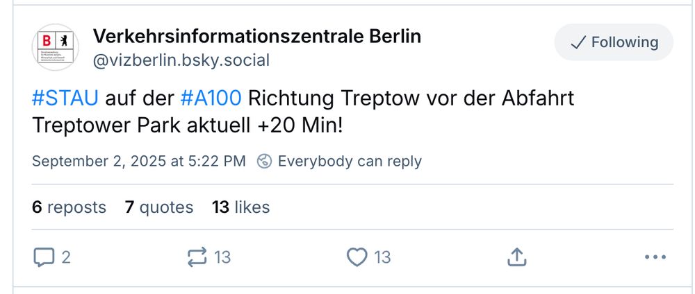 Staumeldung von @vizberlin.bsky.social (Verkehrsinformationszentrale Berlin)