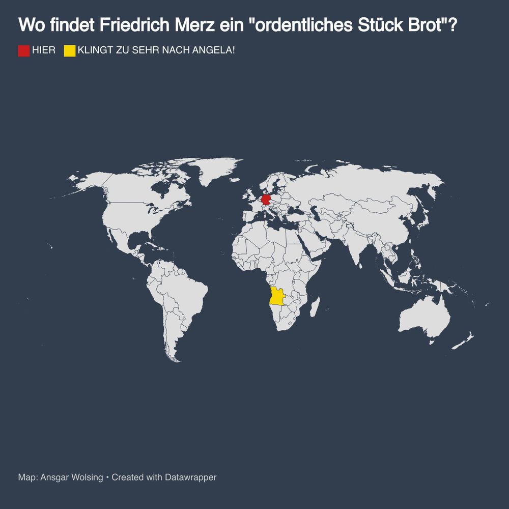 Eine Weltkarte, Deutschland ist rot markiert. Angola gelb, in der Legende steht "Klingt zu sehr nach Angela".