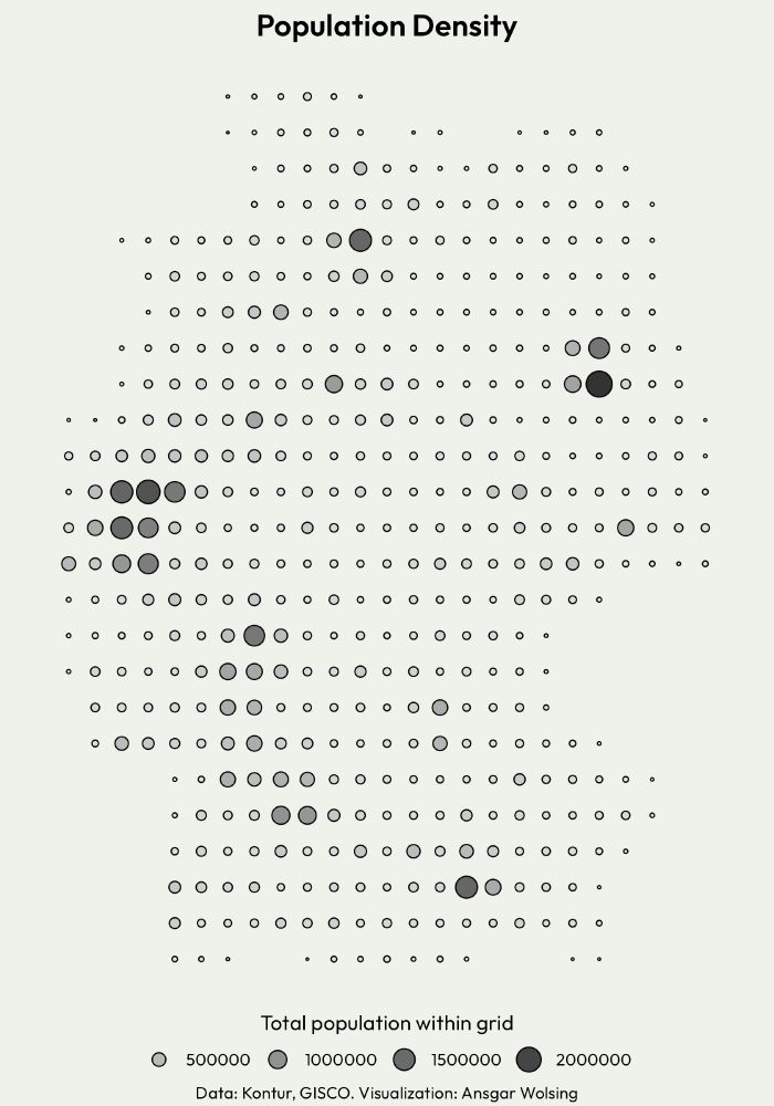 A grid map showing the population density in equal-sized areas in Germany.