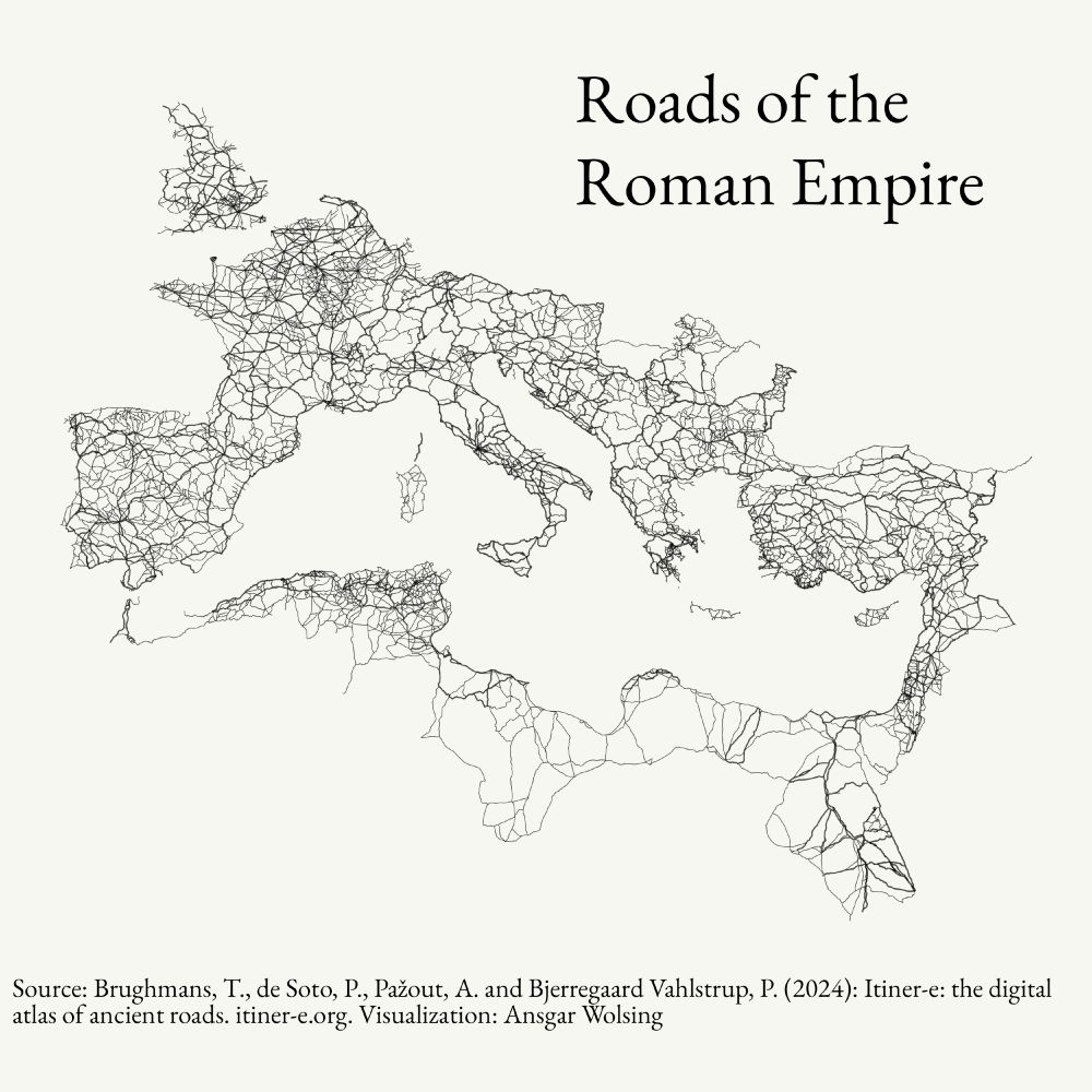 All known roads of the Roman Empire displayed as lines on an otherwise blank canvas. The lines form the shape and extensions of the Roman Empire.