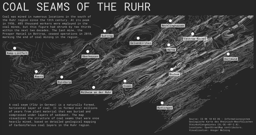 A map of the Ruhr area showing the coal seams as lines. Major cities are marked on the map.