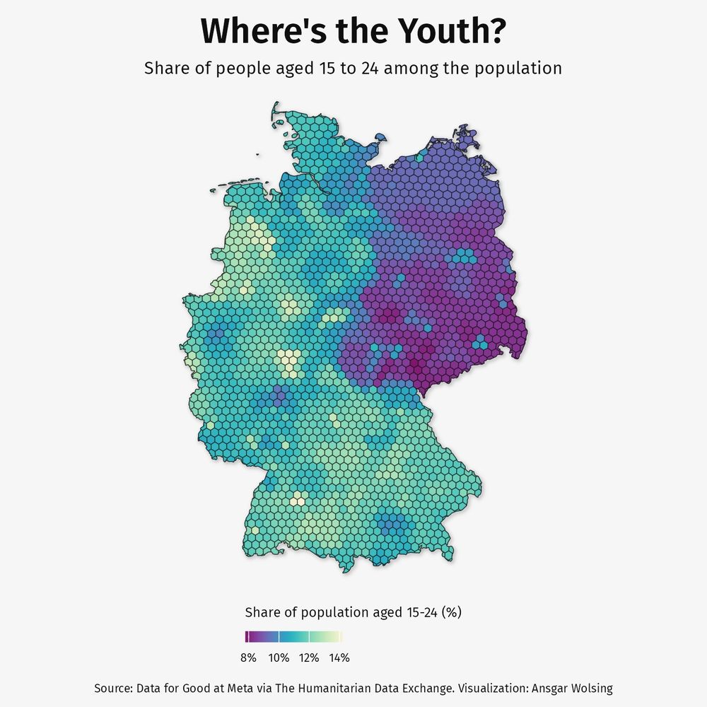 A map of Germany consisting of hexagons. Each hexagon is filled by color according to the share of people aged between 15 and 24. Eastern Germany shows much lower shares, while many western and southern areas have noticeably more young people.