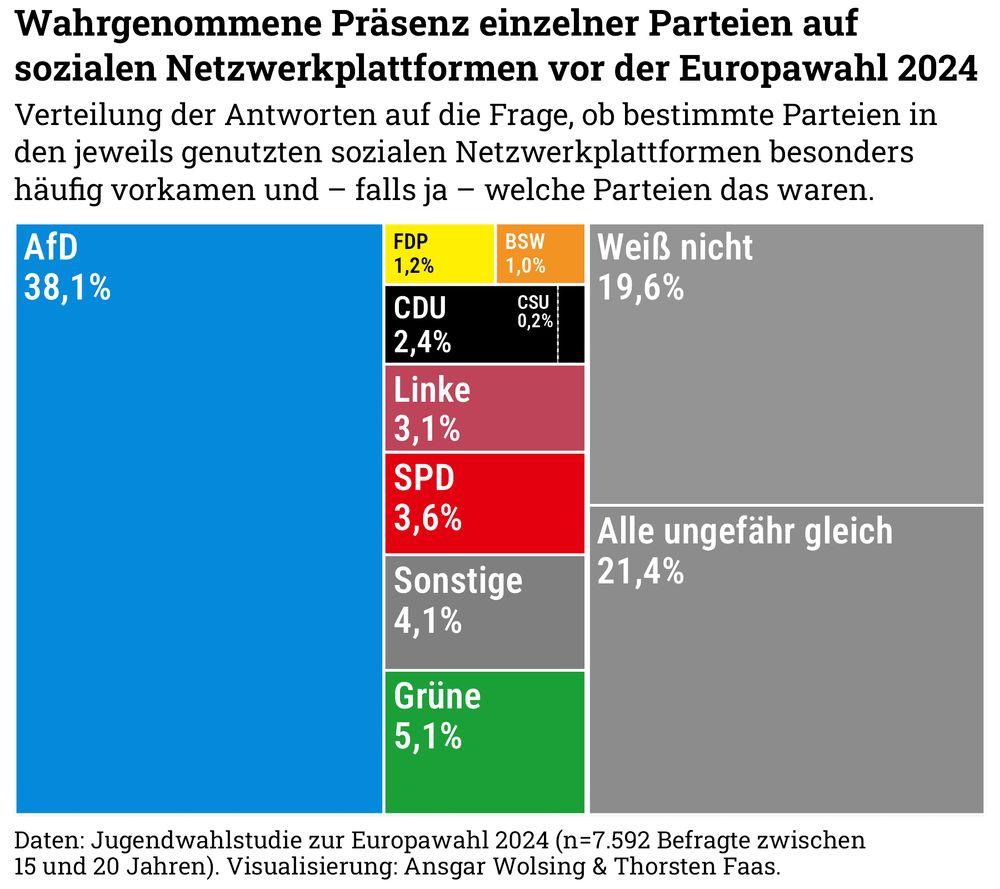 Eine Treemap, die zeigt, zu welchen Anteil Parteien im Wahlkampf zur Europawahl 2024 als die präsenteste wahrgenommen worden sind. Ergebnisse der Jugendwahlstudie zur Europawahl 2024.
AfD: 38,1 % alle anderen Parteien weit abgeschlagen: nächste die Grünen mit 5,1 %. 
Alle ungefähr gleich 21,4 %, weiß nicht: 19,6 %