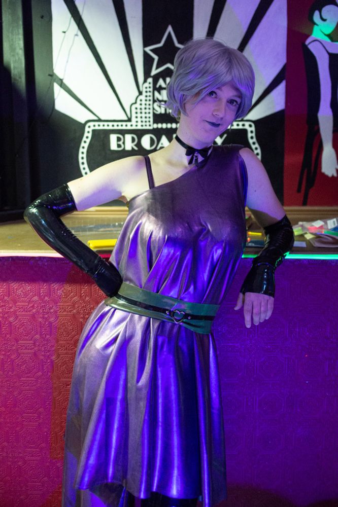 Vee wearing a YummyGummy "multi-function garment" worn here as a sort of toga, with a belt (sold with the toga) gathering in and shaping the garment. £295 for both.