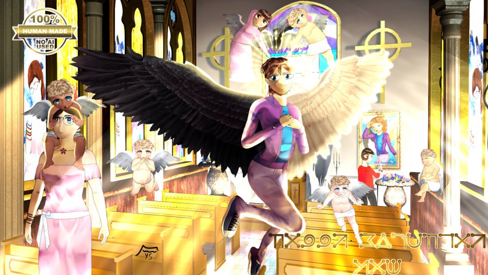 Art of Topaz and their cherub siblings where 2 of them are forming a heart and one of them being on Erin and Ash with Noah the dove in a church background with art of the first art of Topaz I made back when I first met Max. The stained glass has Erin and Topaz