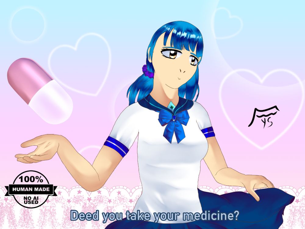 Art of Yuki (Preadult) in her seifuku hovering a pink pill in a gradient background with hearts and soft circles with the text "Deed you take your medicine?" (this is how she pronounces did bc of her accent btw)