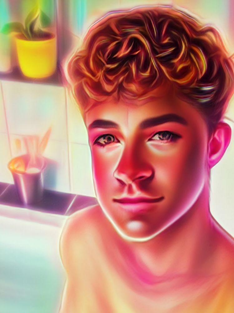 Selfie mit weichgezeichnetem Comic-Filter, ich blicke neutral nach oben in die Kamera, im Hintergrund dekorative Gegenstände und eine Grünpflanze