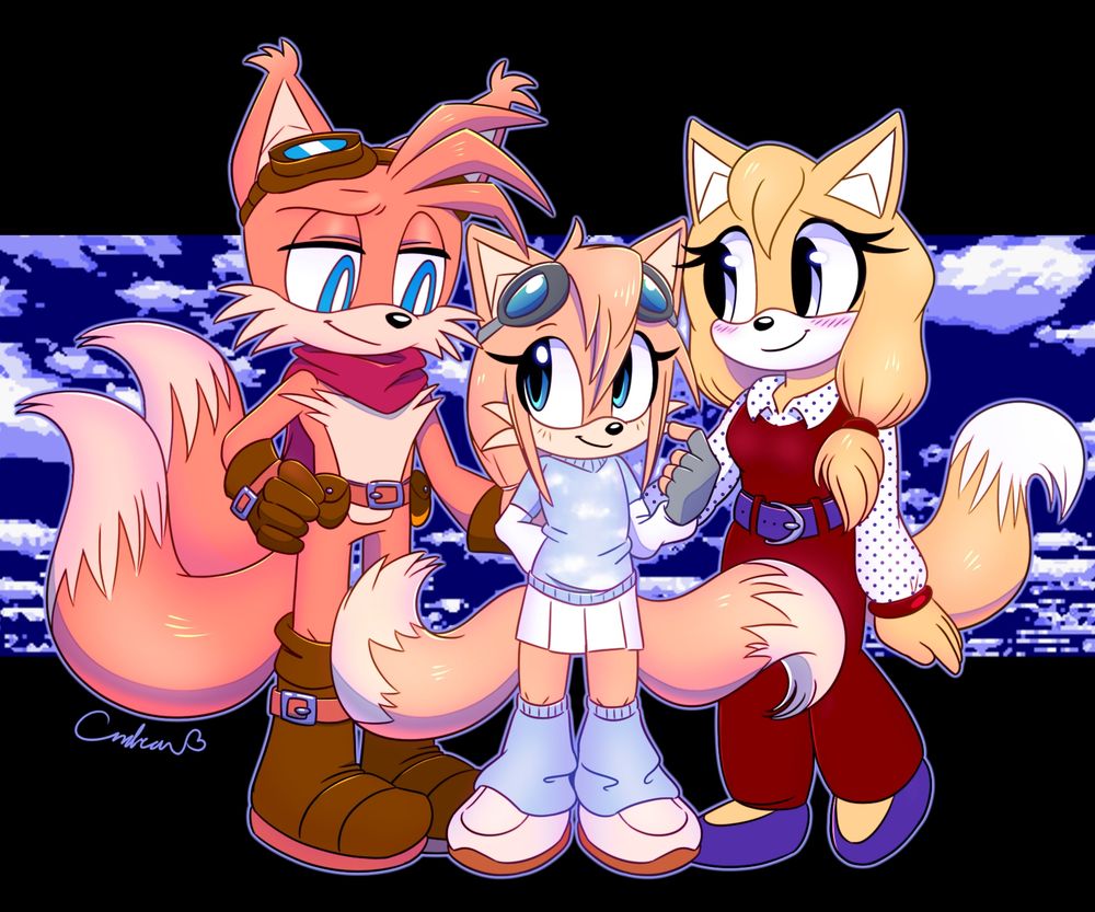 Archie Comics Sonic the Hedgehog anthropomorphic fox character, Skye Prower, standing between her father, Miles "Tails" Prower (Light Mobius) and mother, Zooey (Sonic Boom).