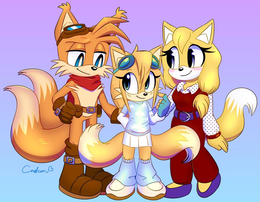 Archie Comics Sonic the Hedgehog anthropomorphic fox character, Skye Prower, standing between her father, Miles "Tails" Prower (Light Mobius) and mother, Zooey (Sonic Boom).