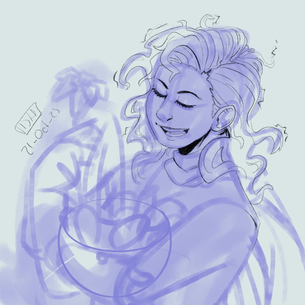 Digital Sketch Of Misaki Yuriko. She is without her helmet, holding it instead upside down in her arms with lillies inside of it. She is smiling while holding one of the flowers. Electrical sparks come out of her hair. 