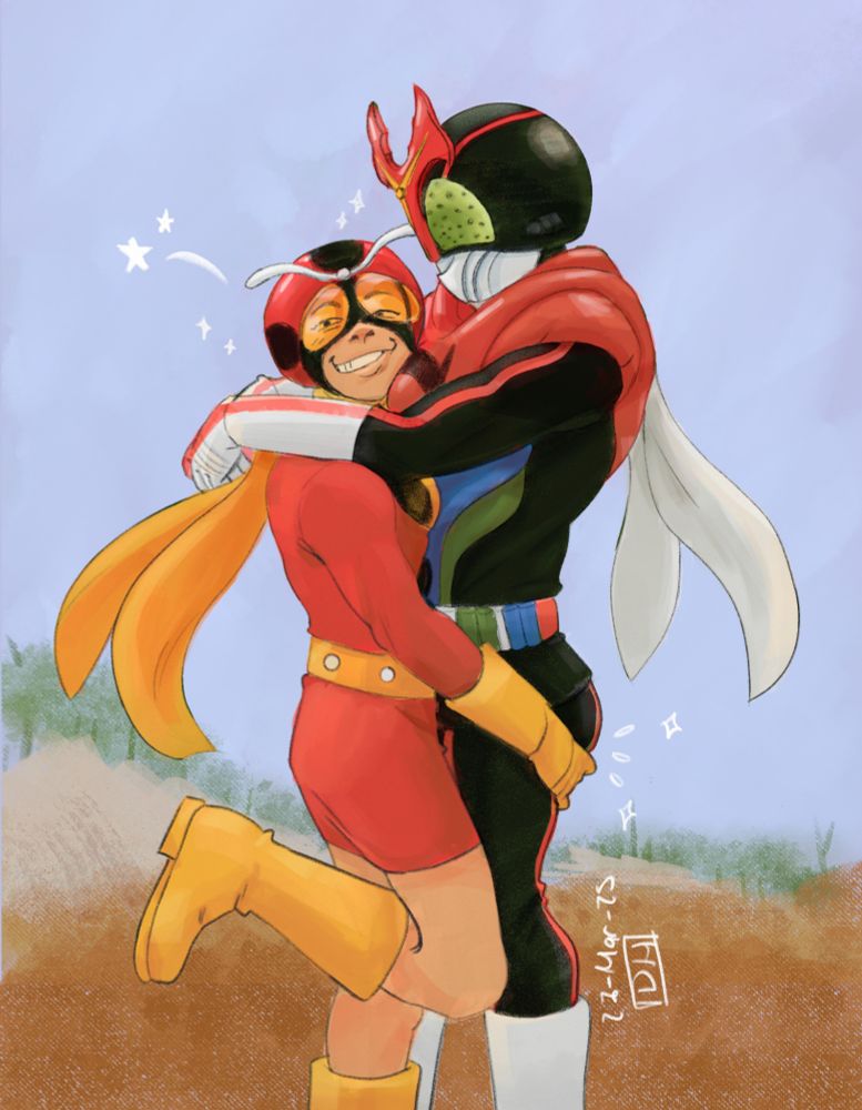 Digital painting of Tackle and Stronger. It depicts them at the racing track quarry from the calves up. They are both transformed into their rider suits. They are embracing each other closely, with Stronger loosely linking his hands around Tackle's neck and shoulders and Tackle putting her hands around Stronger's waist and grabbing his butt. Tackle has one foot lifted  behind her and is squishing her cheek on Stronger's chest. She is looking at the viewer with a smug toothy smile. 
