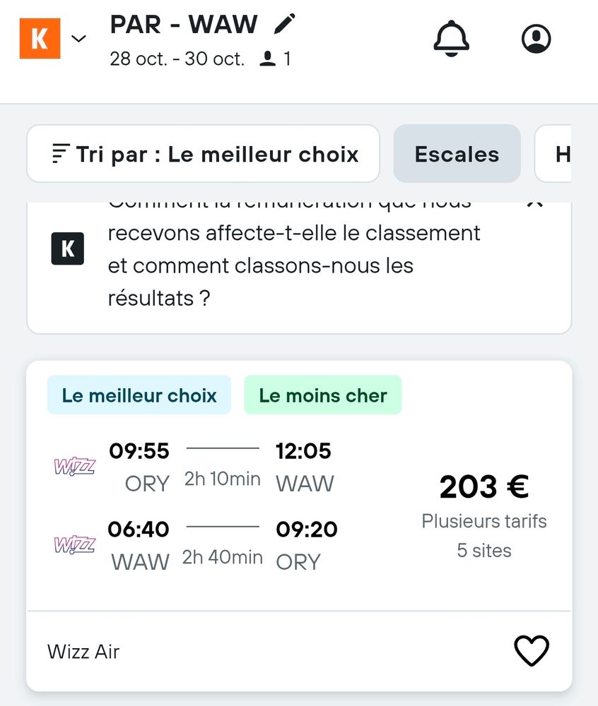 Page de compagnie aérienne.

L'aller-retour pour Varsovie depuis Paris est à 203€ par personne.