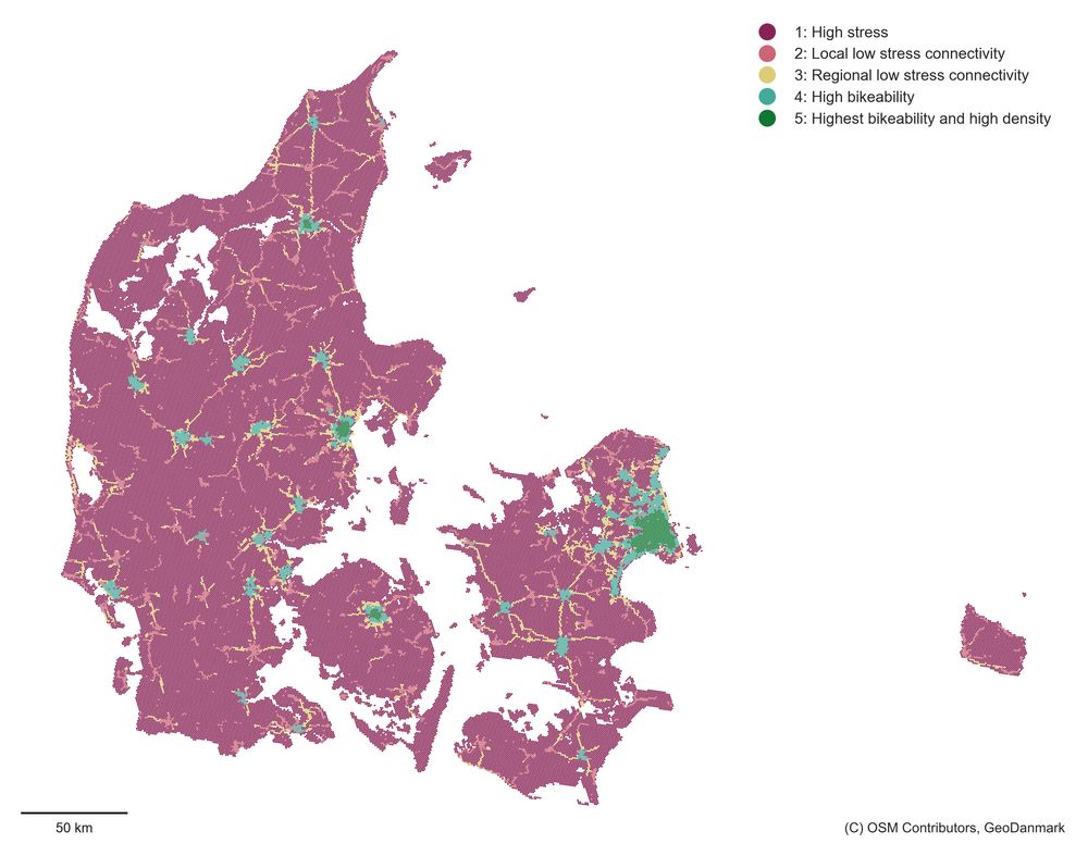 Map of Denmark aggregated into small hex units, each showing one of five colors (categories), from high stress to highest bikeability+high density. The map shows highest bikeability in cities, some regional low stress connectivity, and high stress in most rural areas.