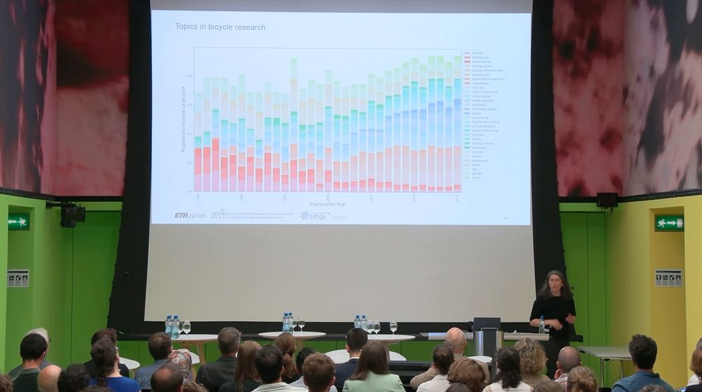 Colorful lecture room with presenter in front of big screen showing a slide with stacked bar charts over time, titled "Topics in bicycle research".