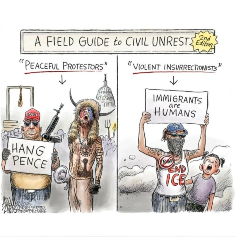 A satirical cartoon titled “A Field Guide to Civil Unrest” contrasts two types of protestors. On the left, labeled “Peaceful Protestors,” are three figures: a man in a MAGA hat holding a rifle and a “HANG PENCE” sign, the Capitol dome in the background, and the shirtless “QAnon Shaman” wearing a horned fur hat and face paint, with a noose and mob behind them. On the right, labeled “Violent Insurrectionists,” is a Latina woman holding a sign that says “IMMIGRANTS ARE HUMANS,” wearing a “End ICE” tank top and a face covering, standing beside a distressed child. The cartoon highlights how political and media narratives often invert the threat level of different protest groups based on ideology.

